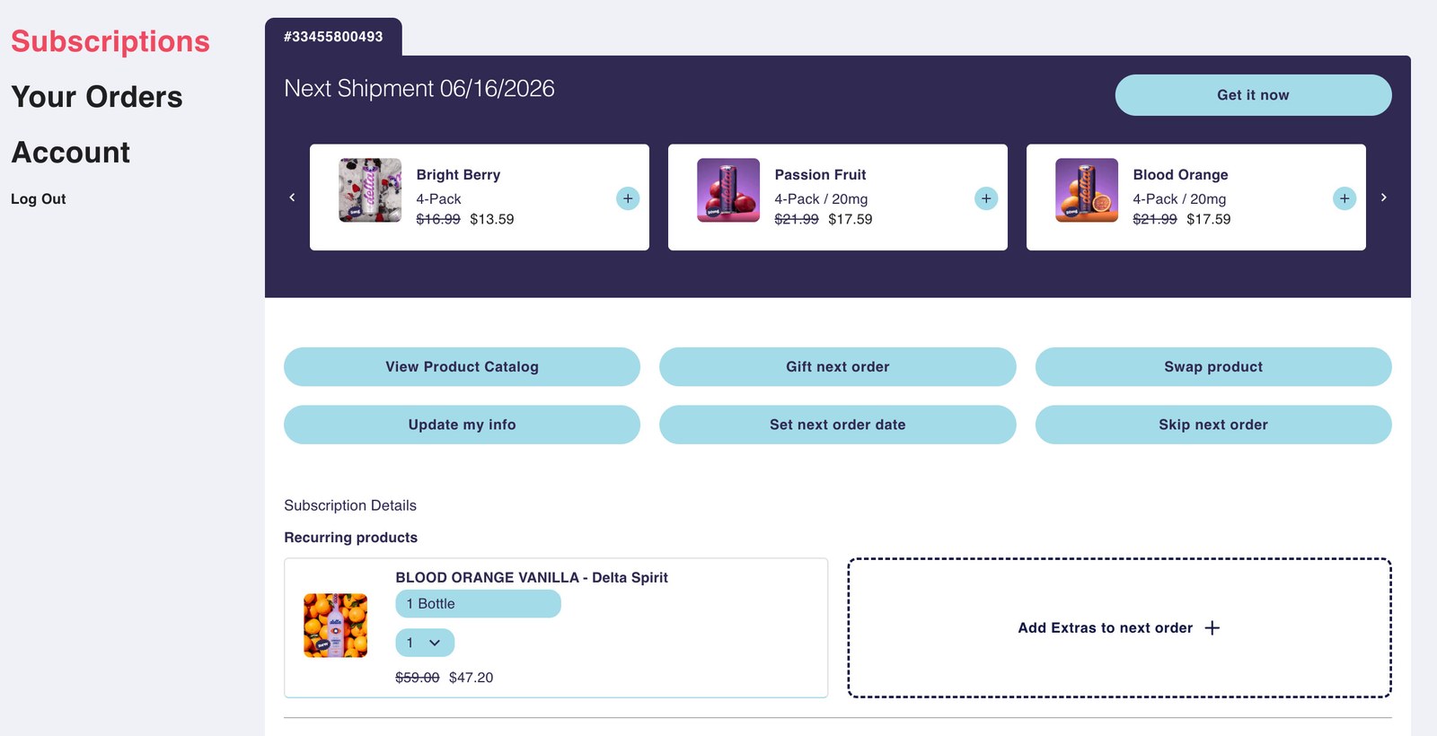 Delta member dashboard: next shipment date, upcoming products, quick actions, and subscription details