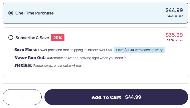 Product add-to-cart options: One-Time Purchase at $44.99 or Subscribe & Save at $35.99 (20% off) with free shipping, and the Add to Cart button